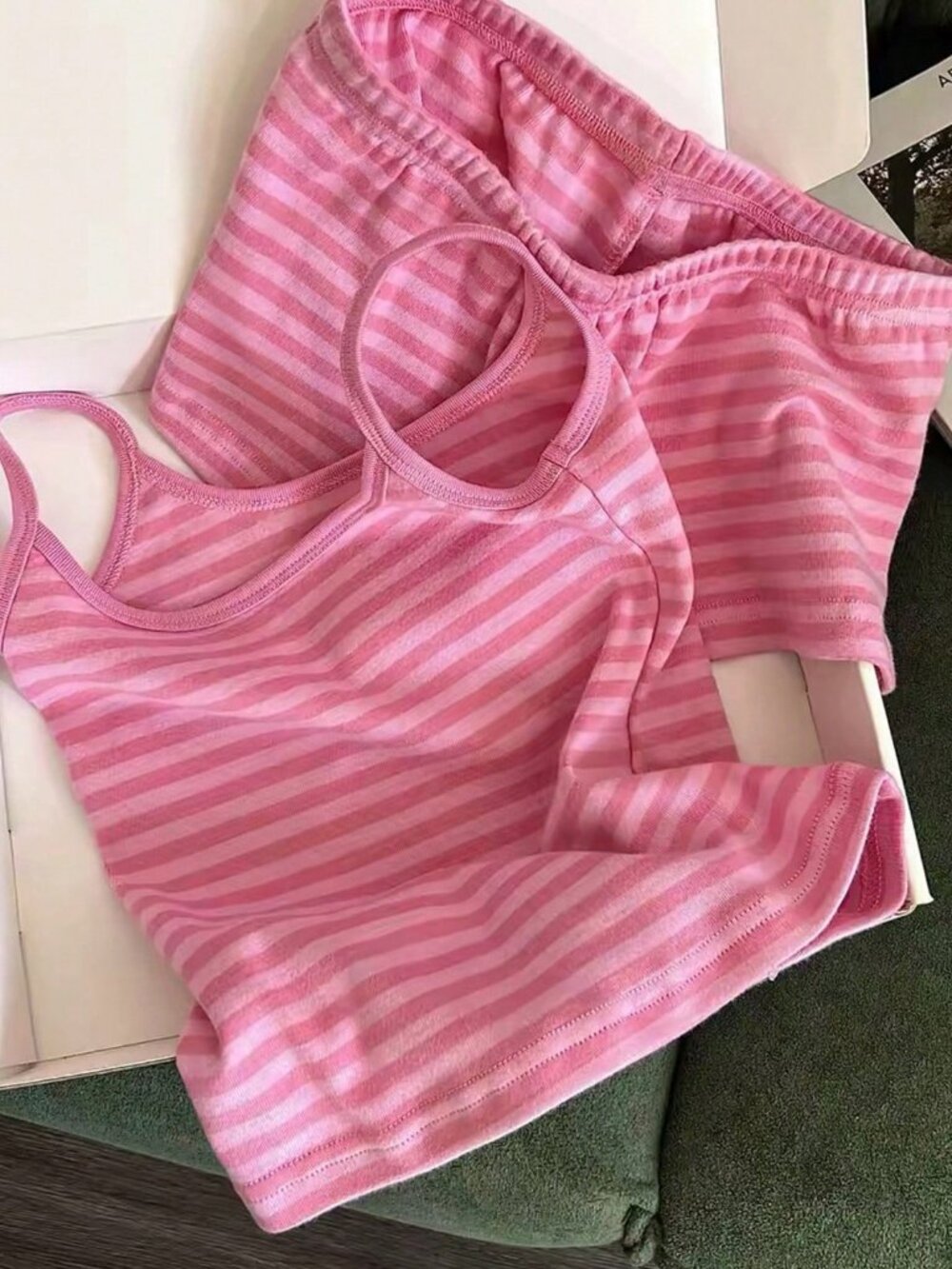 Pink Striped Casual Women's Camisole Top And Shorts Set